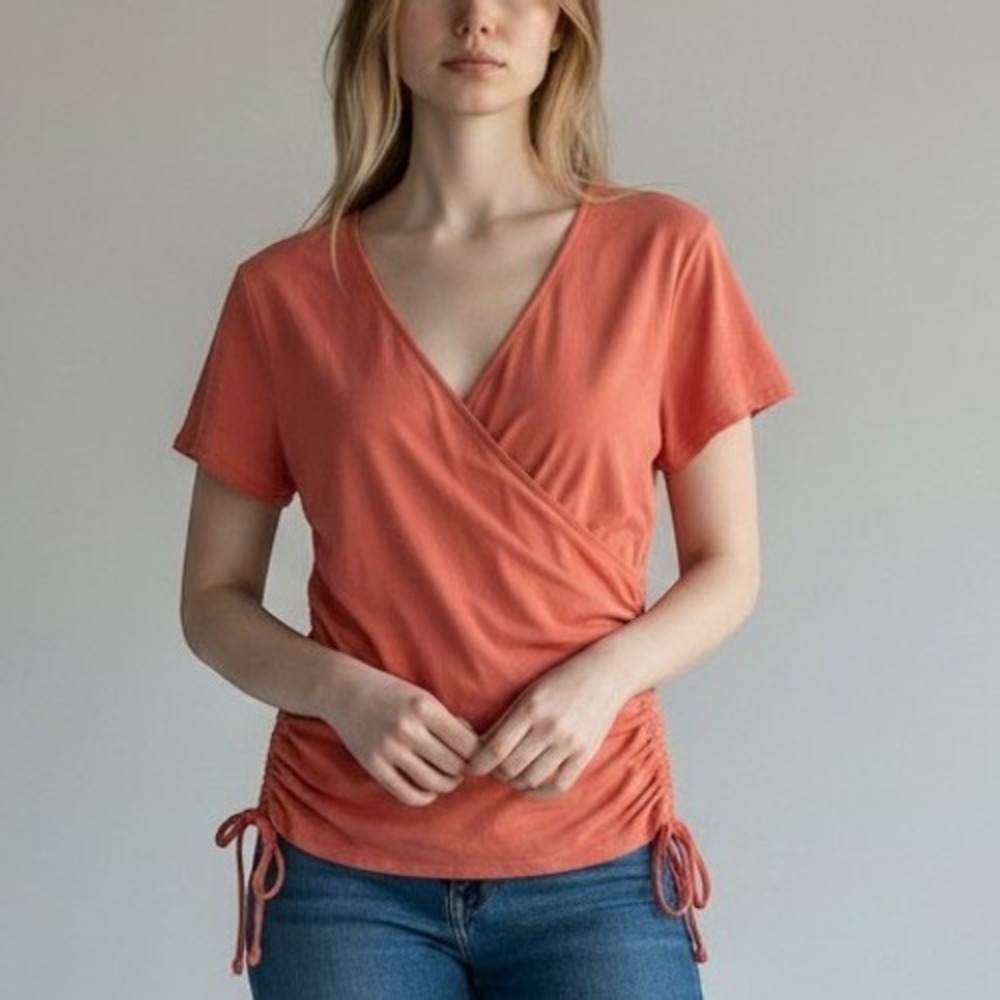 INC International Concepts Women XL Coral Ruched Faux Wrap V-Neck Top Good Boho